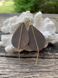 Rustic Leather Earrings with Gold Chain Accent