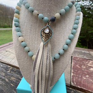 Handmade Beaded Necklace with Leather Tassel