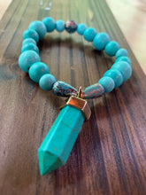 Load image into Gallery viewer, Turquoise Wooden &amp; Metal Beaded Bracelet with Turquoise Charm